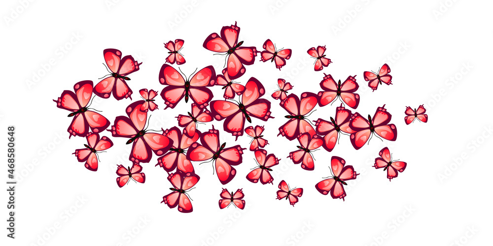 Tropical red butterflies isolated vector wallpaper. Spring funny moths. Detailed butterflies isolated kids illustration. Delicate wings insects graphic design. Tropical beings.