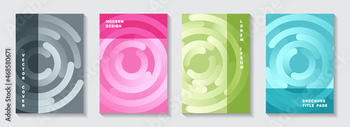 Promotional booklet title pages set. Flat newsletter circles swirl vector backgrounds. Aim goal