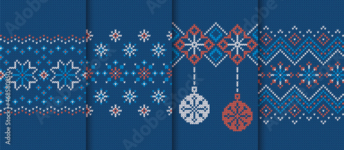 Knit prints. Christmas seamless pattern. Blue knitted sweater texture. Set Xmas winter background. Holiday fair isle traditional ornament. Festive ugly crochet. Wool pullover. Vector illustration