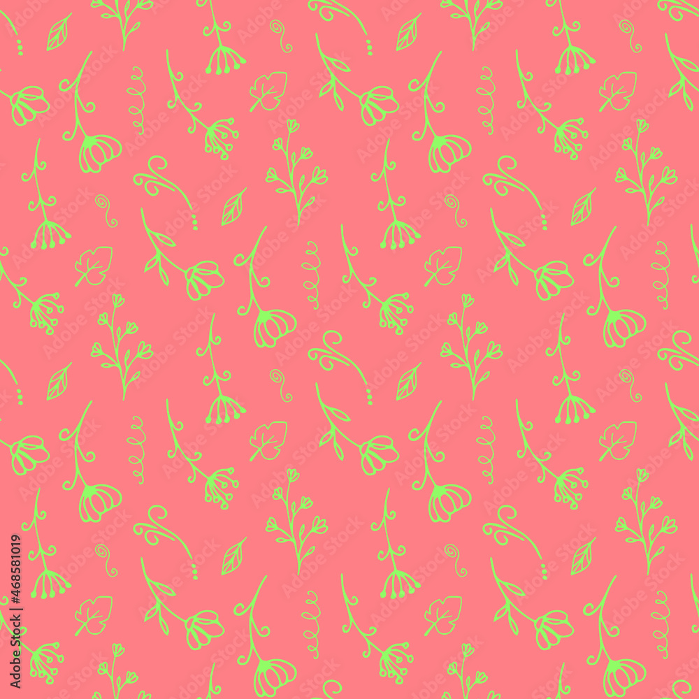 Pink background with green hand drawn decorative floral elements