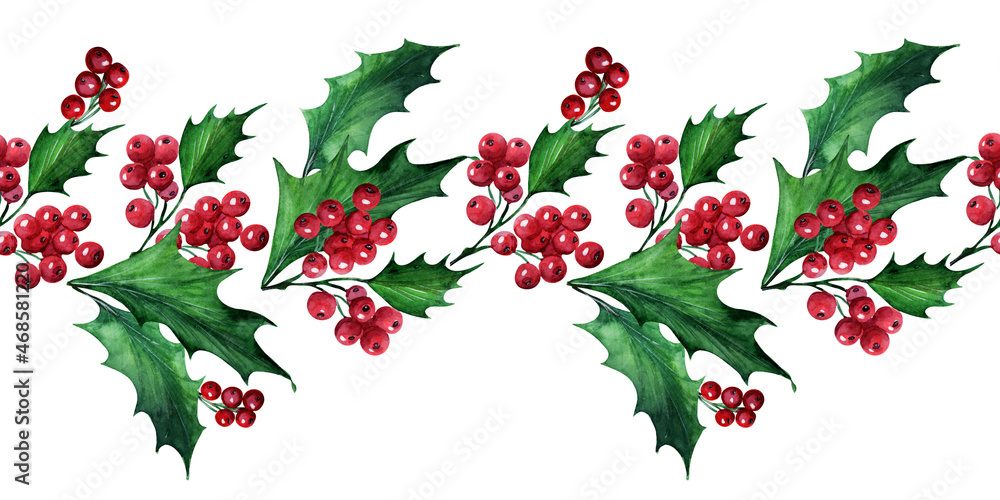 Watercolor seamless border with holly plant