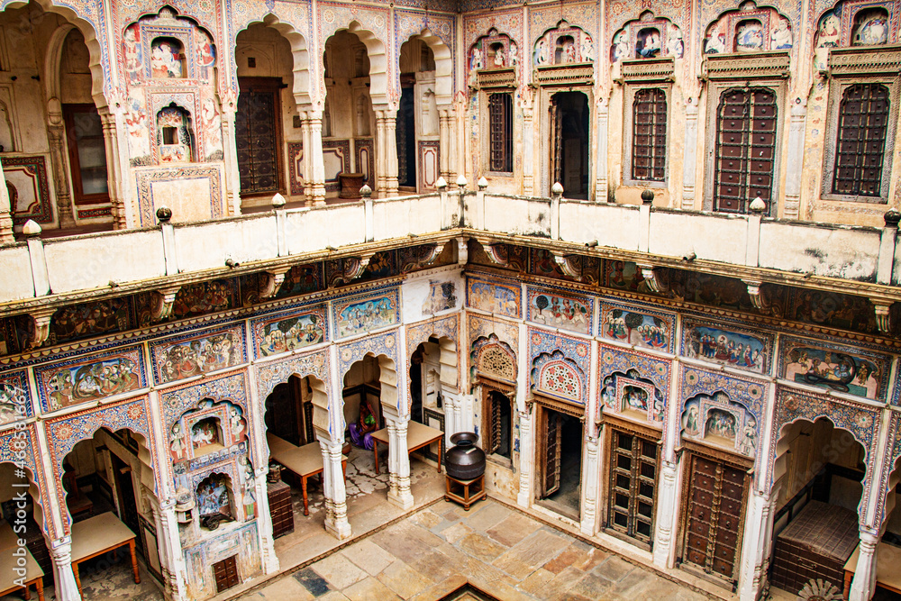 Inside view of three storied Haveli beautifully painted and carved in Nawalgarh in Rajasthan in India