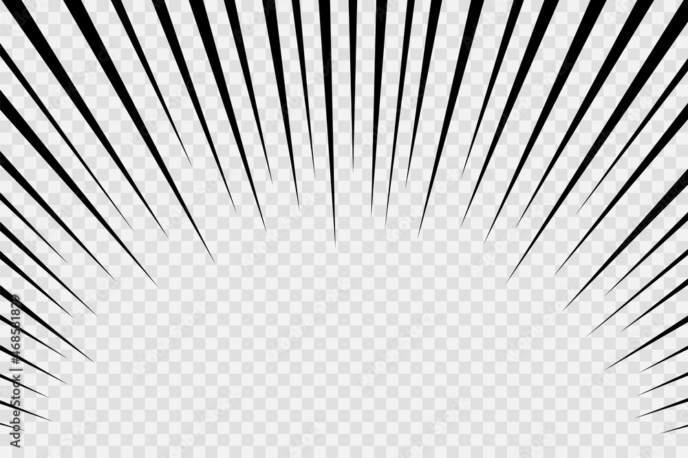 Manga frame with speed radial lines. Comic anime flash effect. Vector. Splash blast zoom. Cartoon superhero banner. Crash bang on transparent background. Explosion bomb template. Retro illustration