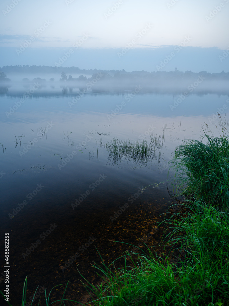 misty morning by the lake with calm water, fog and reflections of trees in mirror misty morning by the lake with calm water, fog and reflections of trees in mirror