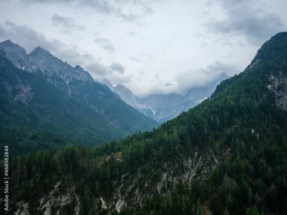 misty mountain tops in Slovenia national park