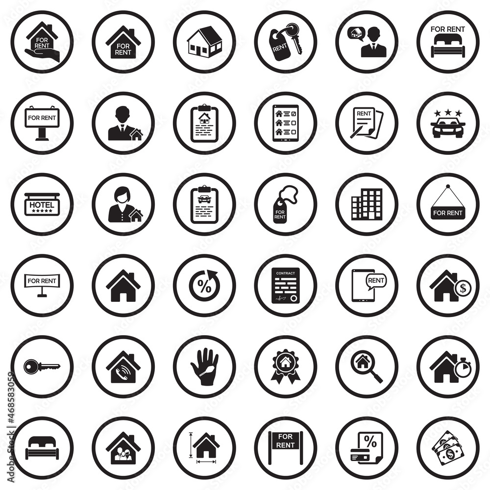 Rental Icons. Black Flat Design In Circle. Vector Illustration. Rental Icons. Black Flat Design In Circle. Vector Illustration.