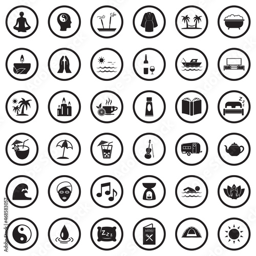 Relaxation Icons. Black Flat Design In Circle. Vector Illustration.