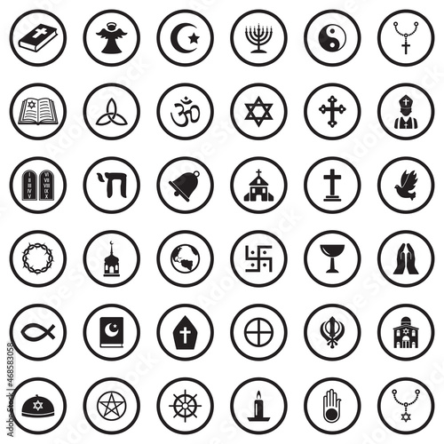 Religion Icons. Black Flat Design In Circle. Vector Illustration.