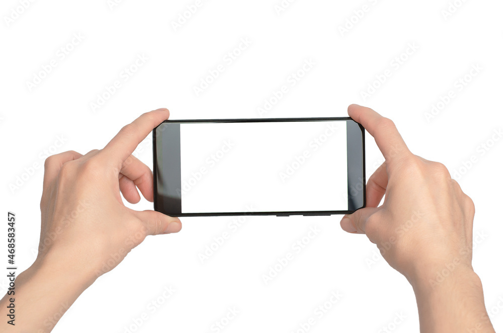 Female hands are holding a phone, isolate. Smartphone with blank white screen in female hands. Female hands are holding a phone, isolate. Smartphone with blank white screen in female hands.