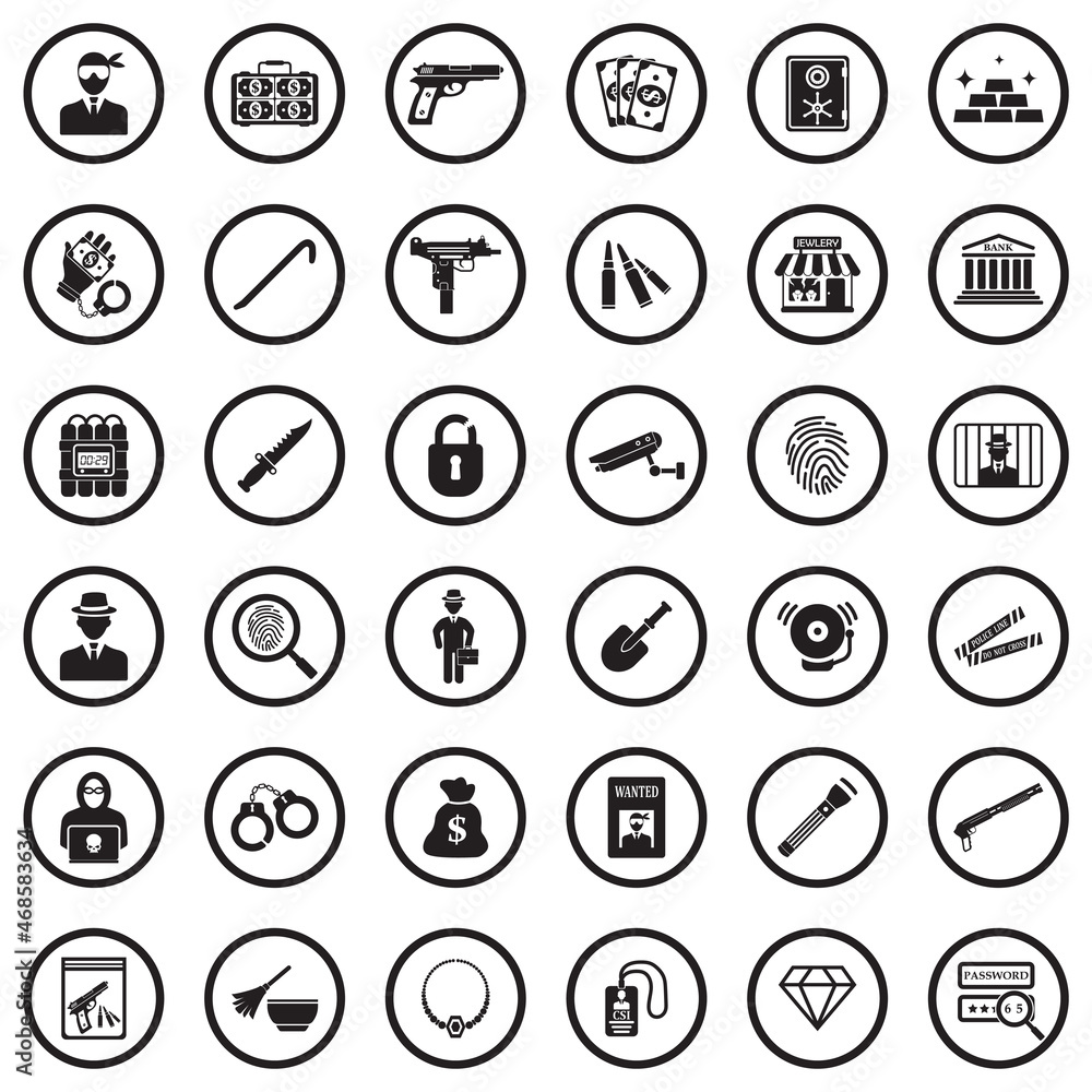 Robbery Icons. Black Flat Design In Circle. Vector Illustration. Robbery Icons. Black Flat Design In Circle. Vector Illustration.