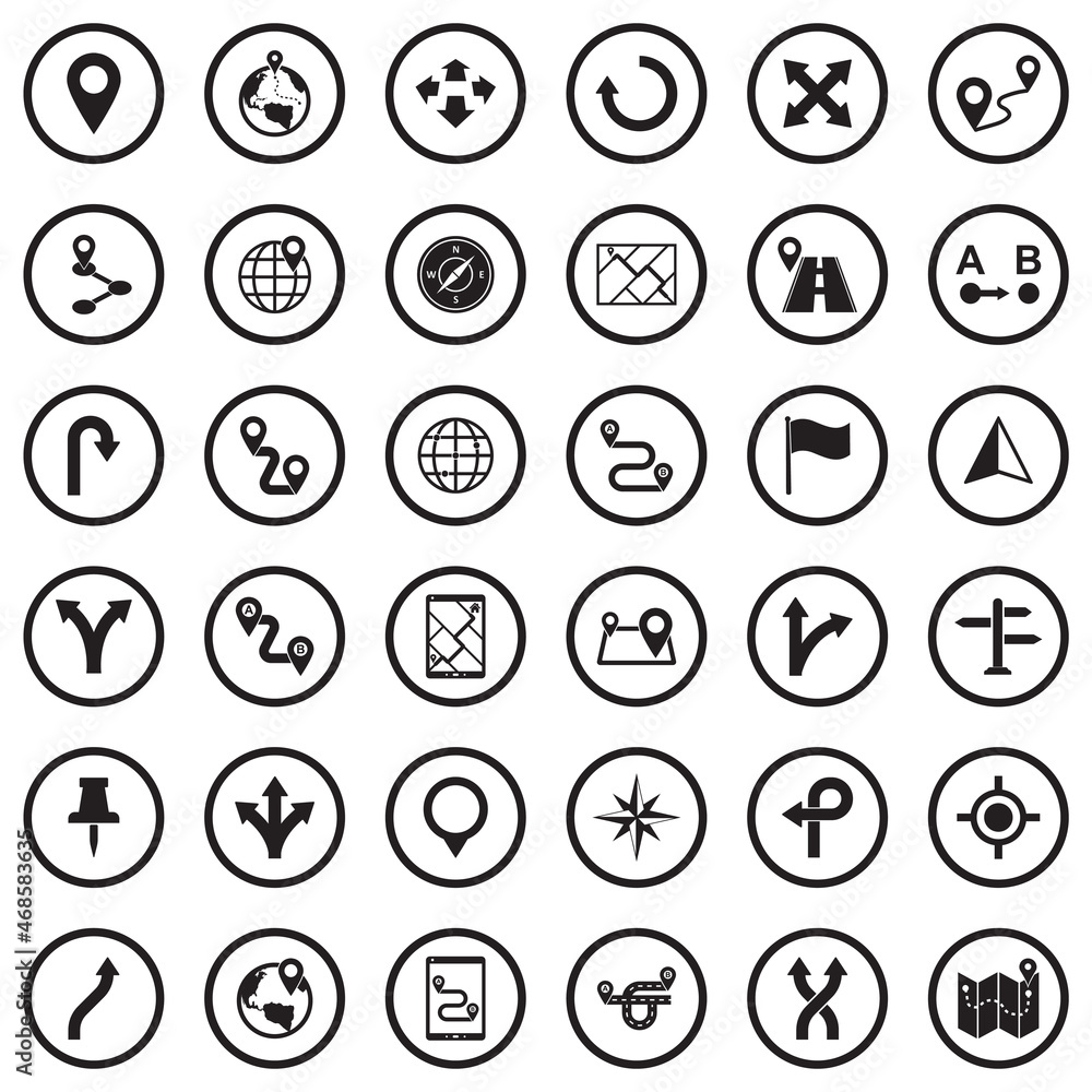 Route Icons. Black Flat Design In Circle. Vector Illustration. Route Icons. Black Flat Design In Circle. Vector Illustration.