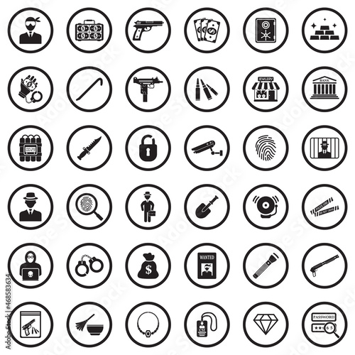 Robbery Icons. Black Flat Design In Circle. Vector Illustration.