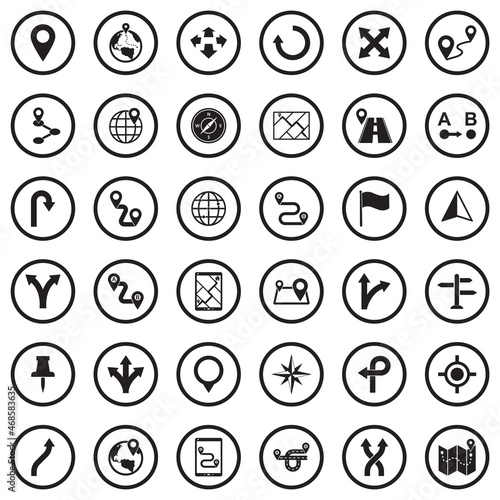 Route Icons. Black Flat Design In Circle. Vector Illustration.
