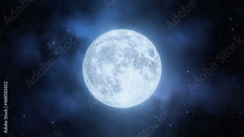 Representation of the full moon on a background of nebulae and stars. Digital illustration. 3D Rendering