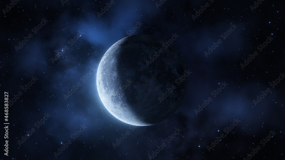 Representation of the moon in last quarter phase on a background of nebulae and stars. Digital illustration.