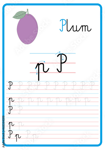 Plansza do nauki pisania liter alfabetu, litera p