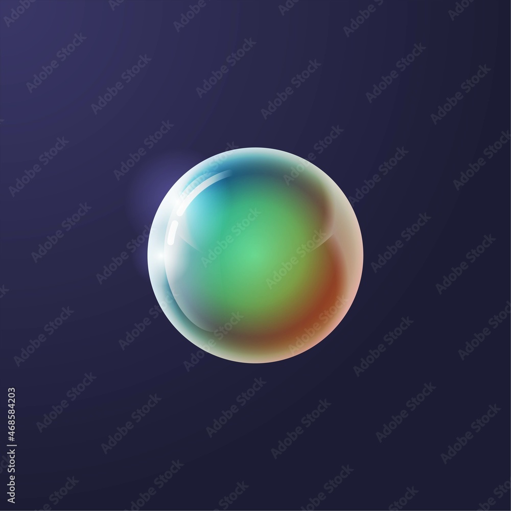 Rainbow colorful soap bubble.  Realistic vector illustration of air or soap water bubble with reflections. Realistic 3d Illustration