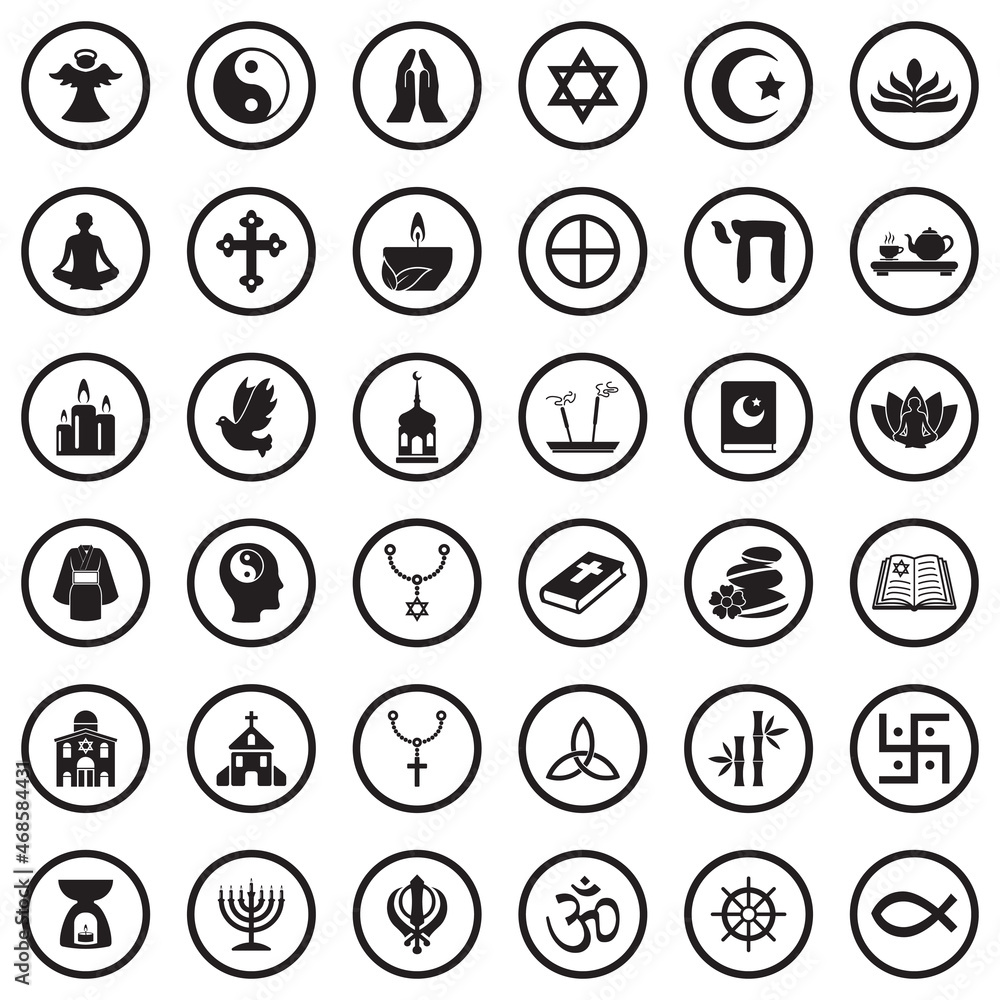 Spiritual Icons. Black Flat Design In Circle. Vector Illustration. Spiritual Icons. Black Flat Design In Circle. Vector Illustration.