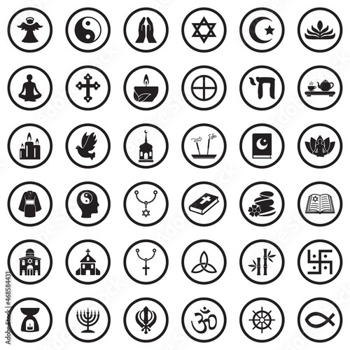 Spiritual Icons. Black Flat Design In Circle. Vector Illustration.