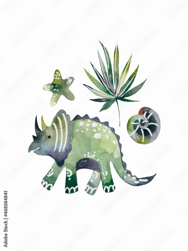 Fototapeta premium Triceratops Dinosaur poster. Cute Dino and other fantastic elements of nature of the prehistoric period.