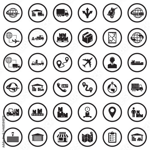 Supply Chain Icons. Black Flat Design In Circle. Vector Illustration.