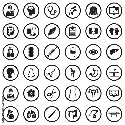Surgery Icons. Black Flat Design In Circle. Vector Illustration.