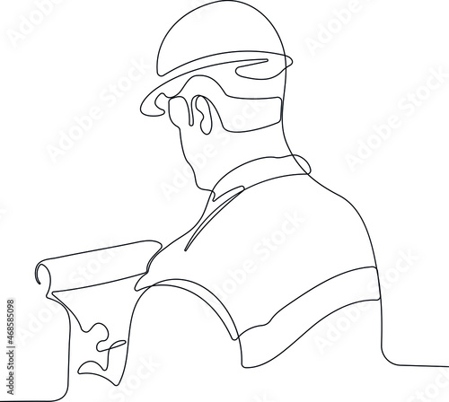 Minimal vector illustration. View of a Worker and architect watching some details on a construction. Continuous line draw of architects at a construction site looking at plan