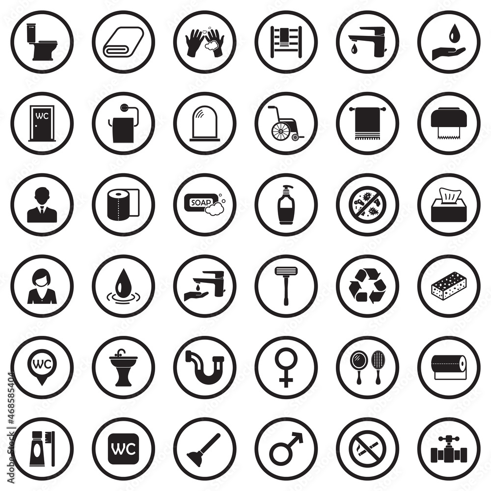 Toilet And WC Icons. Black Flat Design In Circle. Vector Illustration. Toilet And WC Icons. Black Flat Design In Circle. Vector Illustration.