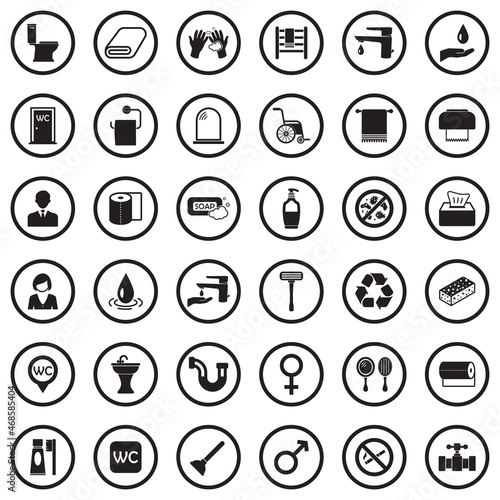 Toilet And WC Icons. Black Flat Design In Circle. Vector Illustration.