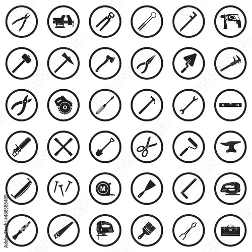 Tools Icons. Black Flat Design In Circle. Vector Illustration.