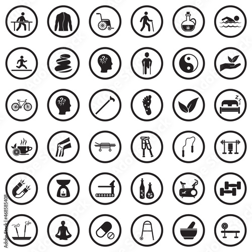 Therapy Icons. Black Flat Design In Circle. Vector Illustration.