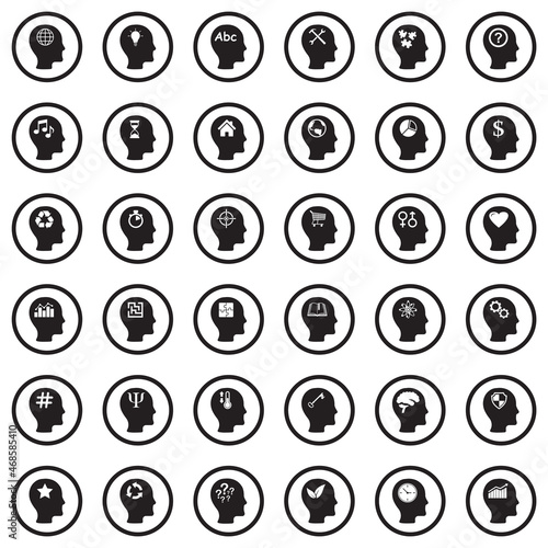 Thinking Heads Icons. Black Flat Design In Circle. Vector Illustration.