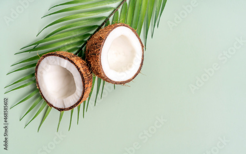 Summer banner and poster. Two halves of coconut and tropical leaf on green background.
