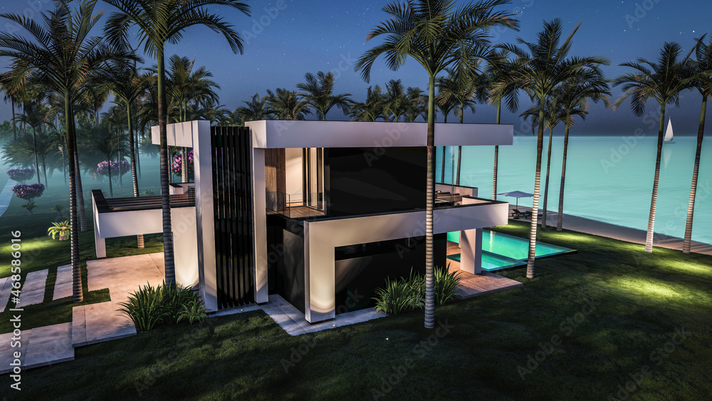 3d rendering of modern cozy house with pool and parking for sale or rent in luxurious style by the sea or ocean. Starlight night by the azure coast with palm trees and flowers in tropical island