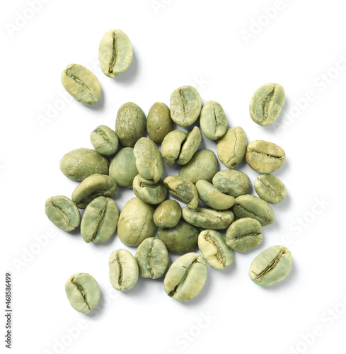 Pile of green coffee beans on white background, top view