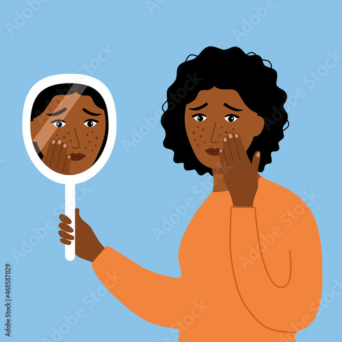 African woman hand mirror worrying about her acne on face in flat design. Pimple problem on female skin.