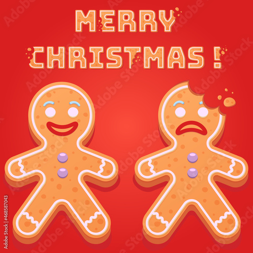 Card with gingerbread men cookie, vector illustration. Christmas card. Holiday Decorated Gingerbread Man Cookie. 3d Rendering. Funny Xmas card