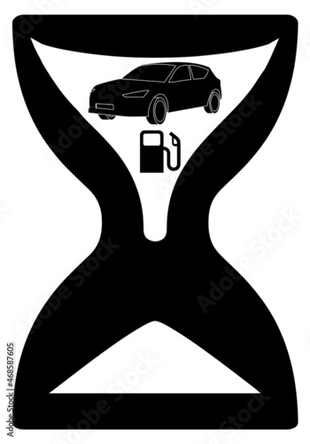 El final del coche de gasolina o diésel. Símbolo de un coche, un dispensador de gasolina y un reloj de arena