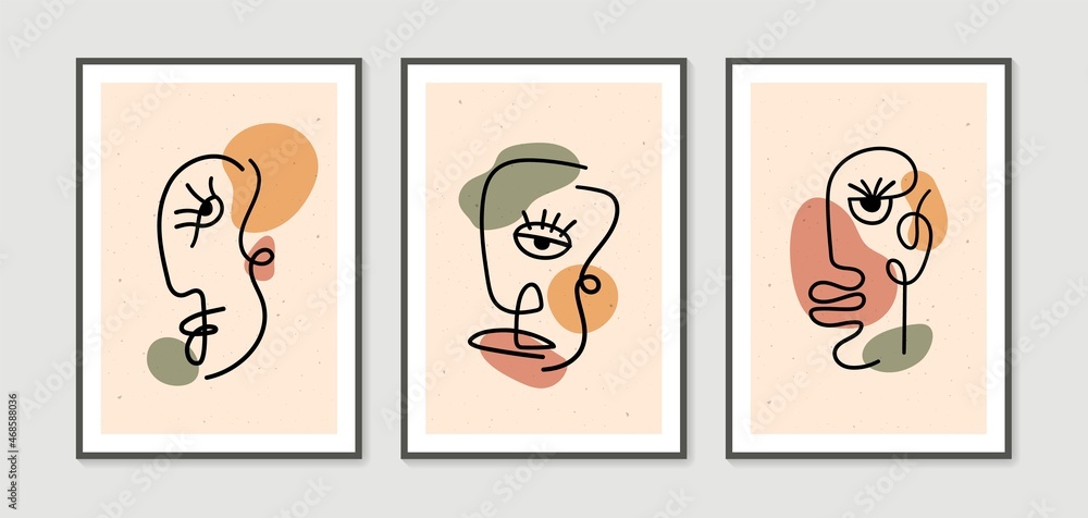 Contemporary abstract faces in one line art style on colorful shapes. Abstract Art design for print, wallpaper, cover. Modern vector illustration. Contemporary abstract faces in one line art style on colorful shapes. Abstract Art design for print, wallpaper, cover. Modern vector illustration.