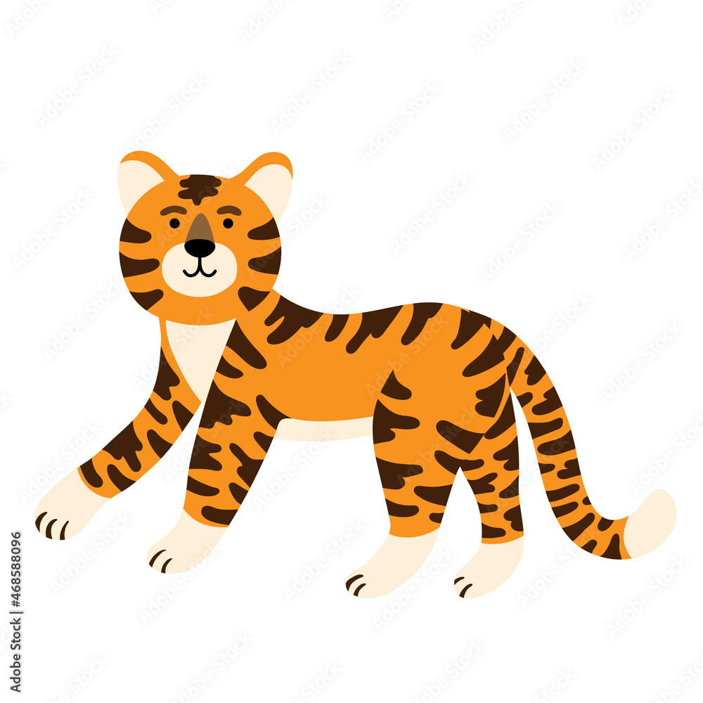 Vector Illustration of a ginger striped tiger. Symbol of chinese holiday, 2022 new year character. Wildlife and fauna theme, cat jungle, wild mammal mascot Vector Illustration of a ginger striped tiger. Symbol of chinese holiday, 2022 new year character. Wildlife and fauna theme, cat jungle, wild mammal mascot