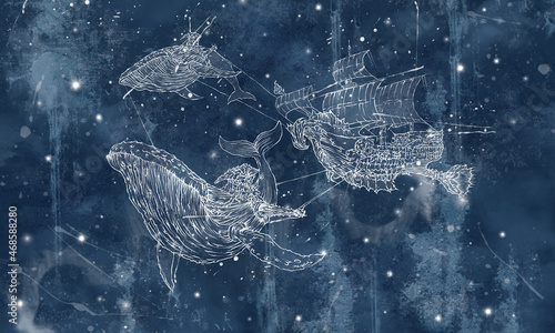 Fototapeta samoprzylepna wieloryby ze statkiem na nocnym niebie