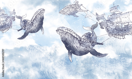 Fototapeta wieloryby ze statkami na niebie