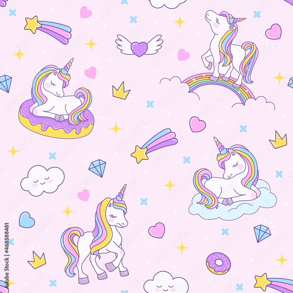 Unicorn seamless pink pattern with unicorns on a rainbow, on a cloud and on a donut. Endless background for textiles, notebooks, cards and children’s birthday celebrations. Vector stock cute texture.