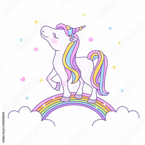 Unicorn on the rainbow. Cute baby character isolated on a white background. Pony with a horn for your greeting cards, posters, stickers, prints.