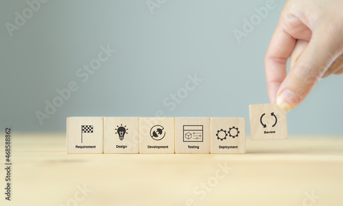 Agile development methodology concept.  Flexible developing process of business growth. Agile life cycle. Hand hold the wooden cubes with agile process cycle symbols on grey background and copy space. photo