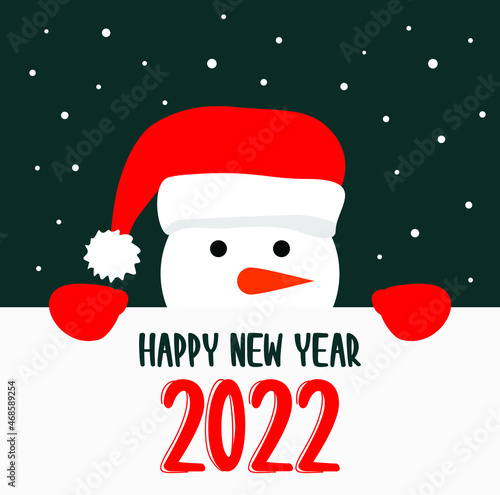 Happy New Year 2022 greeting card. Snowman in red santa hat and mittens looks out from behind the poster with New Year's greetings and red number 2022