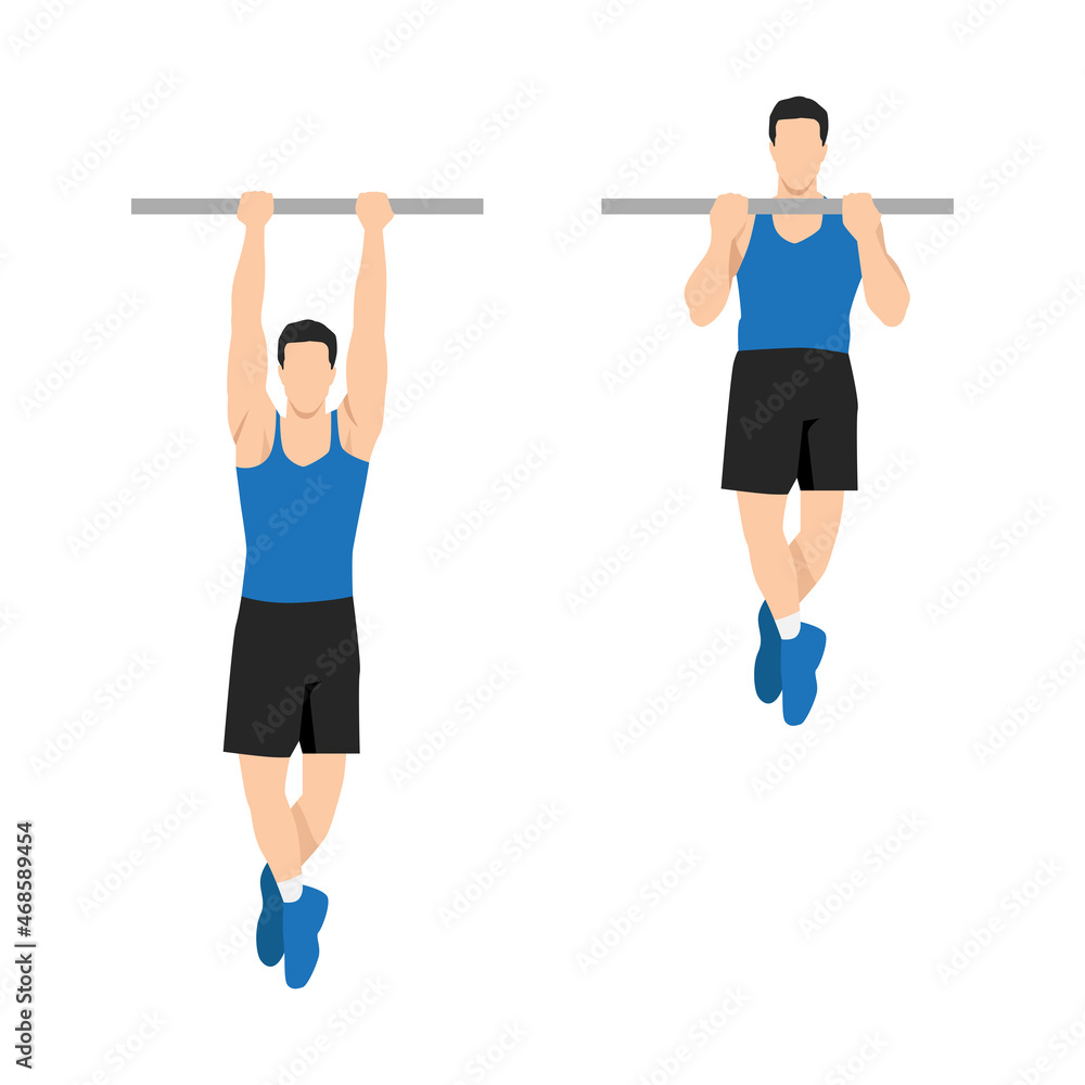 Man doing Chin up exercise. Flat vector illustration isolated on white background. workout character set Man doing Chin up exercise. Flat vector illustration isolated on white background. workout character set