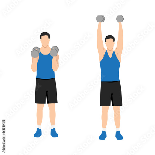 Man doing Open fit shoulder press exercise. Flat vector illustration isolated on white background. workout character set