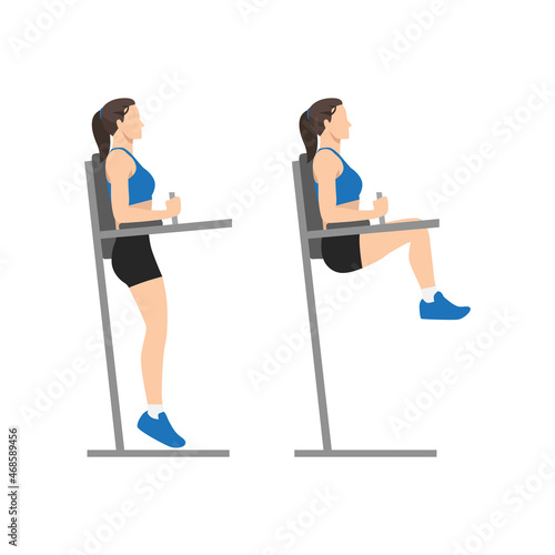 Woman doing Hanging leg raise exercise. Flat vector illustration isolated on white background. workout character set