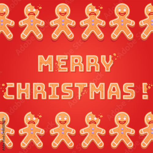 Funny Xmas card. Card with gingerbread men cookie, vector illustration. Christmas card. Holiday Decorated Gingerbread Man Cookie. 3d Rendering